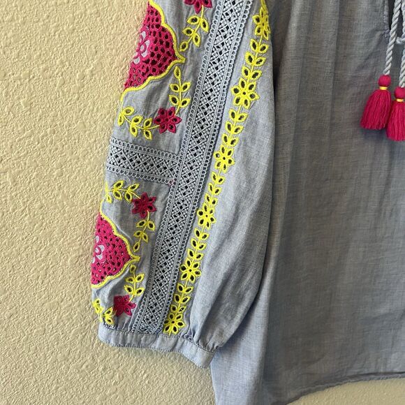 Talbots Top Blouse Womens Petite Med Embroidered Sleeves Blue Peasant Boho - Picture 6 of 11